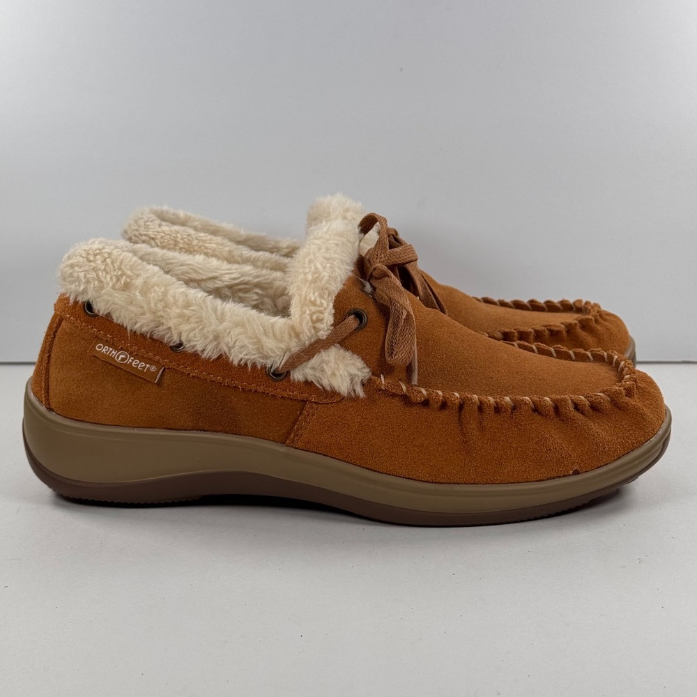 Orthofeet Asheville 737 Men 8.5 Tan Suede Orthopedic Moccasin Slippers Fur Lined